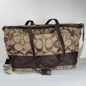 Coach Signature Stripe Diaper Bag Canvas Leather Tote Brown Khaki Baby Bag